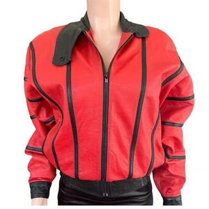 Giacca pelle rossa e nera vintage anni 80 giacca thriller anni 80 Michael Jackson - Foto 1 di 16