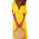 Women Fashion Solid Color Deep V Neck Tied Half Sleeve Button Party Long Dress 5