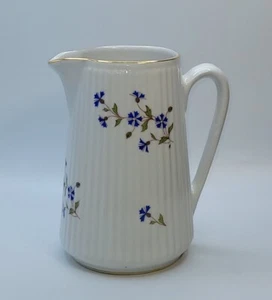 CNP France Blue Floral on Ribbed White Porcelain Pitcher • Gold Accents 6.5" Vtg - Picture 1 of 13