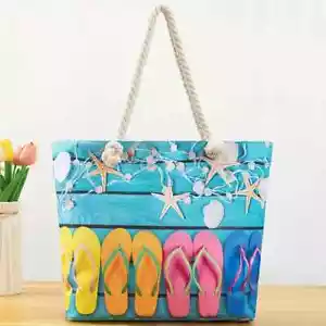 Summer Beach Tote Bag Flip Flop Starfish Pattern Stylish & Spacious Rope Handle - Picture 1 of 7