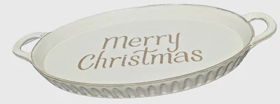 Threshold Terracotta 15" Oval Serving Tray Gold Merry Christmas White Distressed - Image 1 of 4