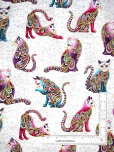 Cat-i-tude RETIRED Cat Fabric 21" Length Paisley Gold Gild White Cotton Benartex - Picture 1 of 2