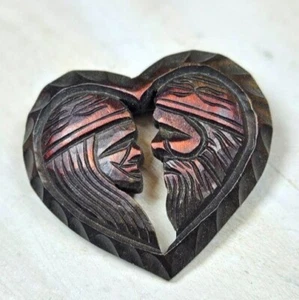 Vtg Hokkaido Wood Carved Heart brooch Artist signed Rare Jewelry dated 1965 - Picture 1 of 22