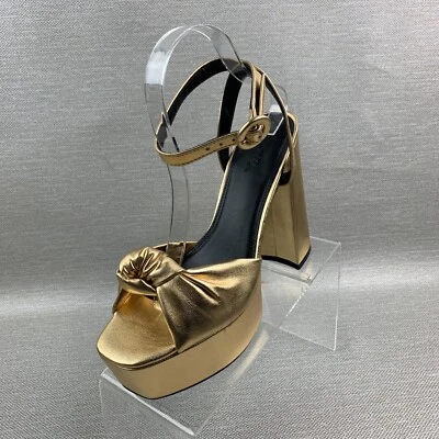 Sandalias de diseño ASOS doradas nudo abierto hebilla en el tobillo correa plataforma tacón bloque talla 8 Foto 1 de 4