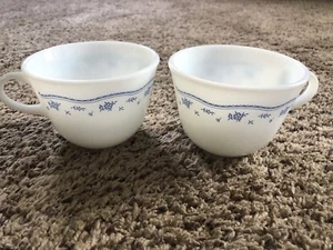 (2) Pyrex Glass Coffee Cups White W/ Morning Blue Pattern - Picture 1 of 3