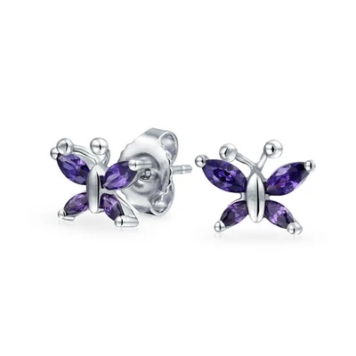 Tiny Purple CZ Stud Earrings, Simulated Amethyst Butterfly, Sterling Silver - Image 1 of 3