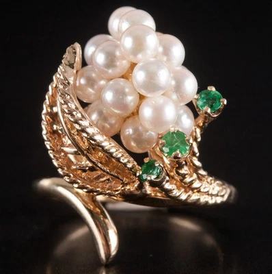 14k Yellow Gold Round Bead Pearl Emerald Cocktail Style Ring .17ctw 7.2g - Image 1 of 4