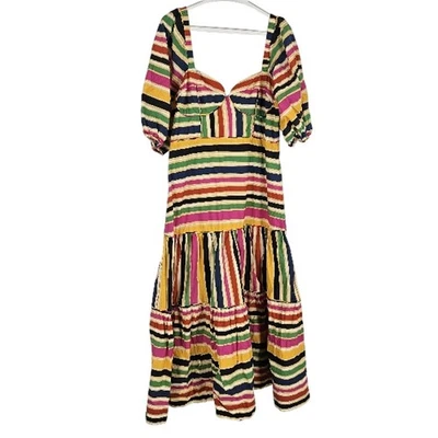 Farm Rio Rainbow Stripe Midi Dress Multicolor Puff Sleeve Flounce Hem Maxi Sz XL - Image 1 of 4