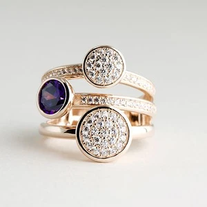 14k Rose Gold Over Sterling Silver Stacked Statement Cocktail Ring W. CZ - Foto 1 di 8