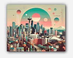 View of Seattle Washington Minimalist Art scenes painting abstract #4 Reprint - Picture 1 of 3