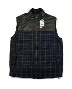 Robert Graham McClement Vest Mens Medium Leather & Wool Blue Black Plaid New - Picture 1 of 11
