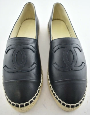 Chanel 18A Azul Marino Oscuro Piel de Cordero Cuero Logo CC Alpargata Ballet Plana 35 Foto 1 de 4