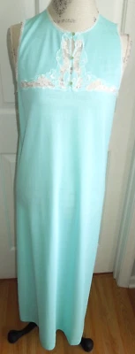 VINTAGE BLUE EMBROIDERED LACE GOSSARD ARTEMIS MATT NYLON LONG NIGHTGOWN MEDIUM - Image 1 of 4