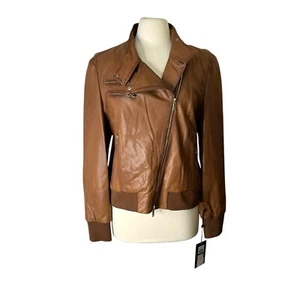DKNY Womens Genuine Real Leather Zip Moto Bomber Jacket Rum Brown NWT Sz Xlarge - Picture 1 of 7