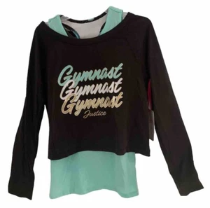 Justice Girls Top Tank Sports Bra Black Aqua Gymnast 3 Piece Set Size 10 - Picture 1 of 14