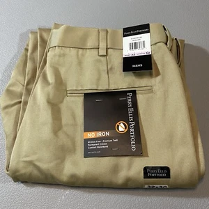 NWT Mens 32x30 Perry Ellis Tan Brown Dress Pants Slacks Chino Flat Front No Iron - Picture 1 of 12