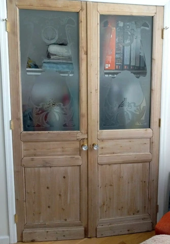 Antique French Art Nouveau Etched Glass Double Doors READ DESCRIPTION Cover