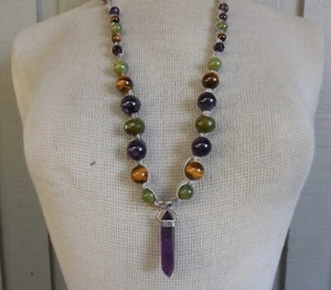 Amethyst Double Terminated Point Adjustable Hemp Necklace Serpentine Tigers Eye - Picture 1 of 9