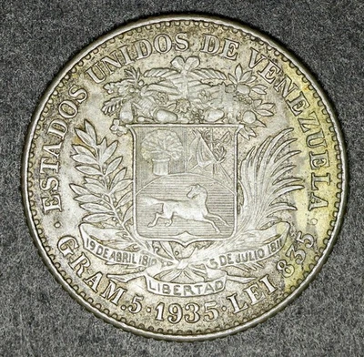 Venezuela 1935 plata 1 bolívar Y#22 Foto 1 de 2