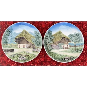 Lot of 2 Western Germany Majolica 9.25" Wall Plates Cottage Scenes Raised Relief - Picture 1 of 6