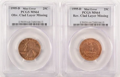 (2 Coins) 1995-D 25c Washington Quarter Missing Clad Layer Pair Obv/Rev MS64 Red - Image 1 of 4