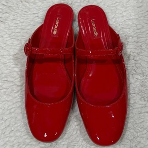 NWOB Larroude Blair Patent Leather Scarlet Red Mules Sz 8.5 Classy Mary Jane - Picture 1 of 7