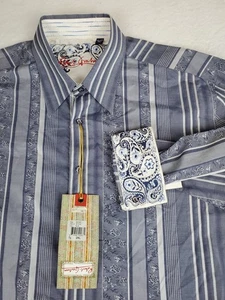 Robert Graham Mens Blue Floral Striped Flipcuff Button Up Shirt 2XL Stretch NEW - Picture 1 of 13