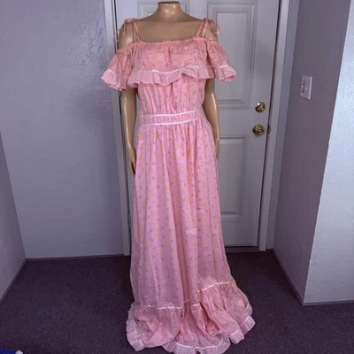 Maxi Vestido Para Mujer Vintage Años 70 Hecho a Mano Formal Fiesta Pradera Hombro Frío B3-7 Foto 1 de 4