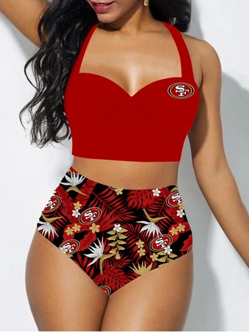 San Francisco 49ers Women's 2PCS Bikini Set Beach Halter High Waist Bathing Suit Cover