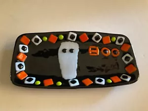 GHOST “BOO” Fused Art Glass Halloween Candy Dish 9 1/2” x 4 7/8 Unsigned Artist - Picture 1 of 8