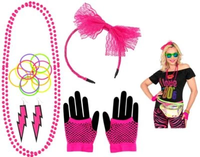 WIDMANN 80er JAHRE MODE ACCESSOIRES NEON PINK Schmuck Kostüm Karneval Fasching