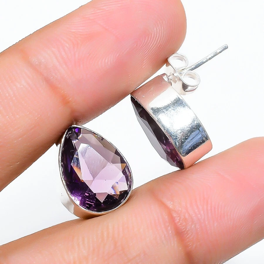 Purple Amethyst Gemstone 925 Sterling Silver Jewelry Stud Earring Size 0.75" - Image 1 of 1