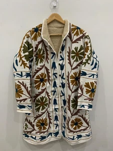 Boho Suzani Long Fur Jacket For Women | Kashmiri Embroidered Suzani Coat - Picture 1 of 8