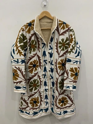 Boho Suzani Long Fur Jacket For Women | Kashmiri Embroidered Suzani Coat - Image 1 of 4