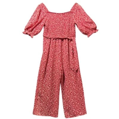 Lilt Red Floral Smocked Puff Sleeve Wide Leg Jumpsuit Girls Size 16 - Image 1 of 4