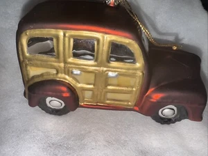 Vintage Glass Christmas Ornament - Antique Car - Woody Woodie Wagon - Red Brown - Picture 1 of 3