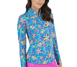 NWT IBKUL ESTELA BLUE MULTI Long Sleeve Mock Golf Tennis Shirt S M L XL XXL - Picture 1 of 1