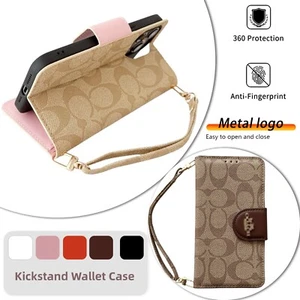 Folio Wallet Case For iPhone 16 Pro Max 15 14 13 12 Kickstand Cover Wrist Strap - Picture 1 of 15
