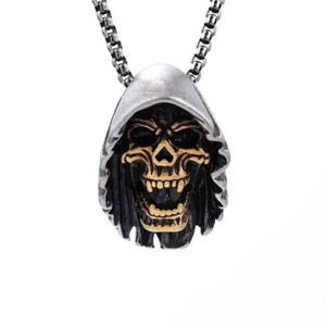 Men's Gothic Stainless Steel 3D Cut Cap Death Skull Grim Reaper Pendant Necklace - Picture 1 of 5