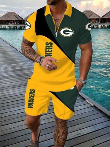 Green Bay Packers 2 Piece Hawaiian Shirts Beach Shorts Set 1/4 Zip UP Shirts Cover