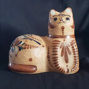 Gatto Tonala arte popolare ceramica messicana dipinto a mano uccellino e fiore blu vintage LEGGI - Foto 1 di 16