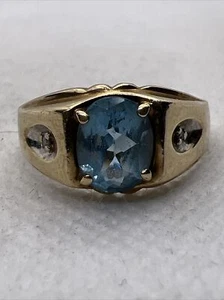Solid 10K Yellow Gold 1.92CTW Blue Topaz & 0.02CTW Diamond Accents Unisex Ring - Picture 1 of 17