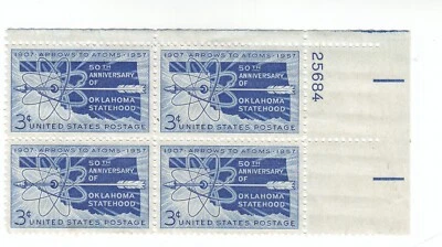 Scott # 1092 - 3c Blue- Oklahoma Statehood Issue - plate block of 4 - MH - Image 1 of 2
