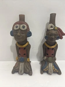Aztec Mayan Mexican Folk Art Terra Cotta Clay Set Of 2 Figurines Flute Whistles - Picture 1 of 7