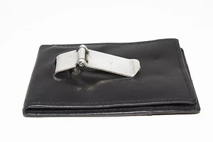 MONEY CLIP METAL TWO FOLD CREDIT CARD SLOTS BLACK LEATHER - Picture 1 of 6