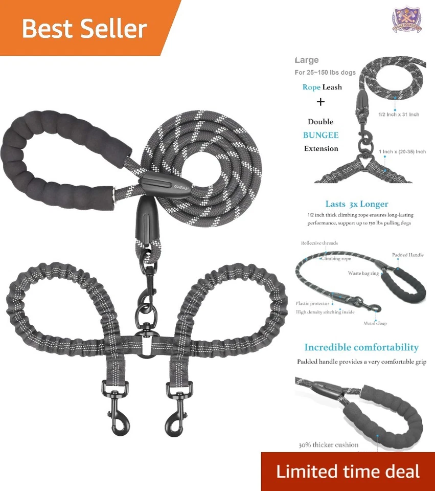 Durable Nylon 360 Swivel No Tangle Double Dog Leash Black Medium Large Sized