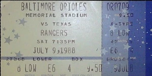 Biglietto Larry King Calls Game Orioles Rangers MLB Stub Memorial Stadium 7/9/1988 - Foto 1 di 4