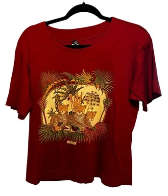 VTG Salvatore Ferragamo Leopards T-shirt Blouse Women Sz Small Red Short Sleeve - Image 1 of 4