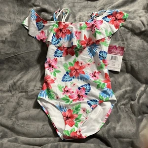 Kanu Surf Girls' Peggy White UPF 50+ Beach Off Shoulder 1 Piece Swimsuit 12 NWT - Picture 1 of 8