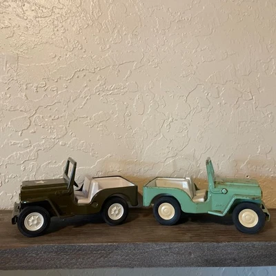 Lot 2 Vtg Tonka Toy Jeeps 1960s Pressed Steel Metal Dispatcher Willys Army Truck - Image 1 of 4